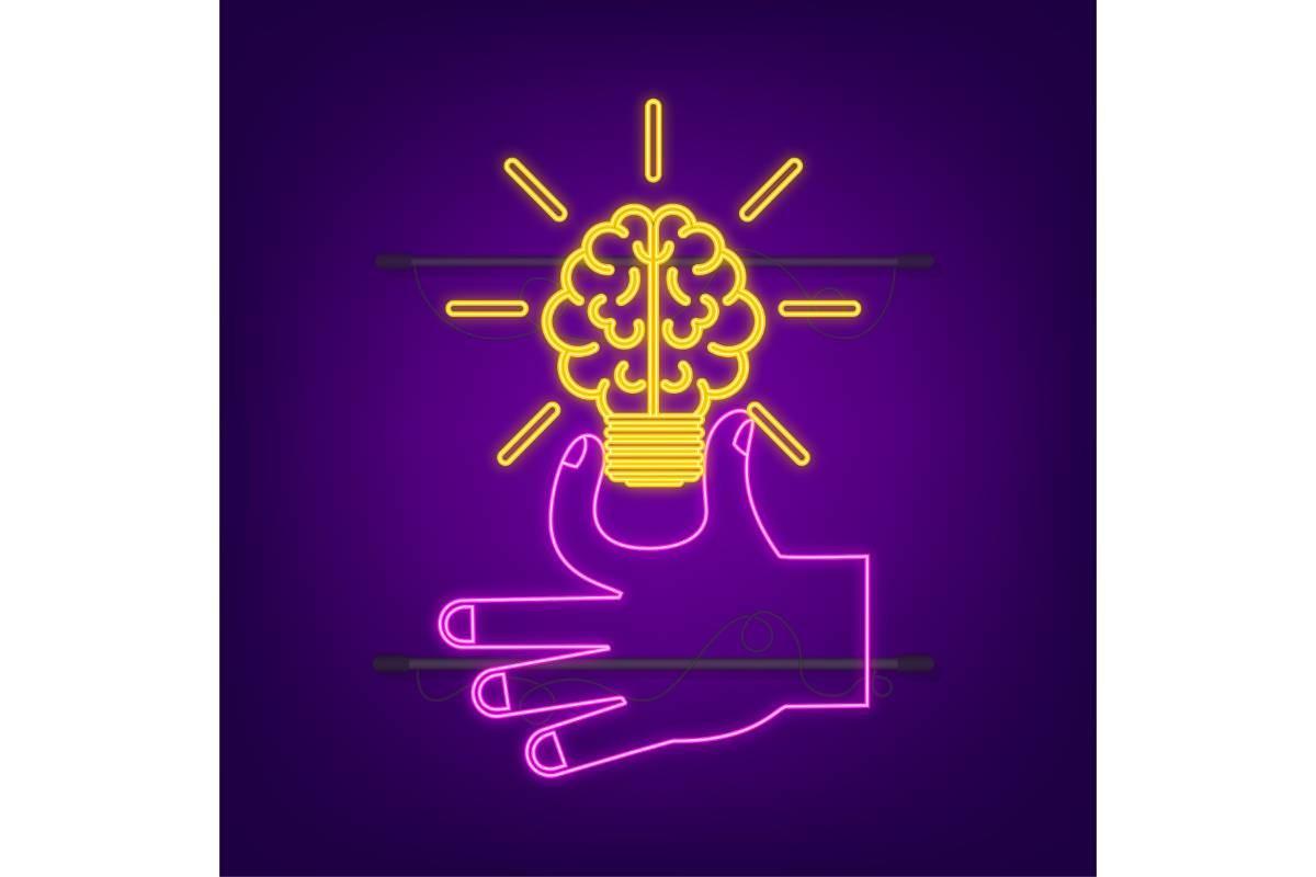 Light Bulb Neon Icon with Hand. Lamp
