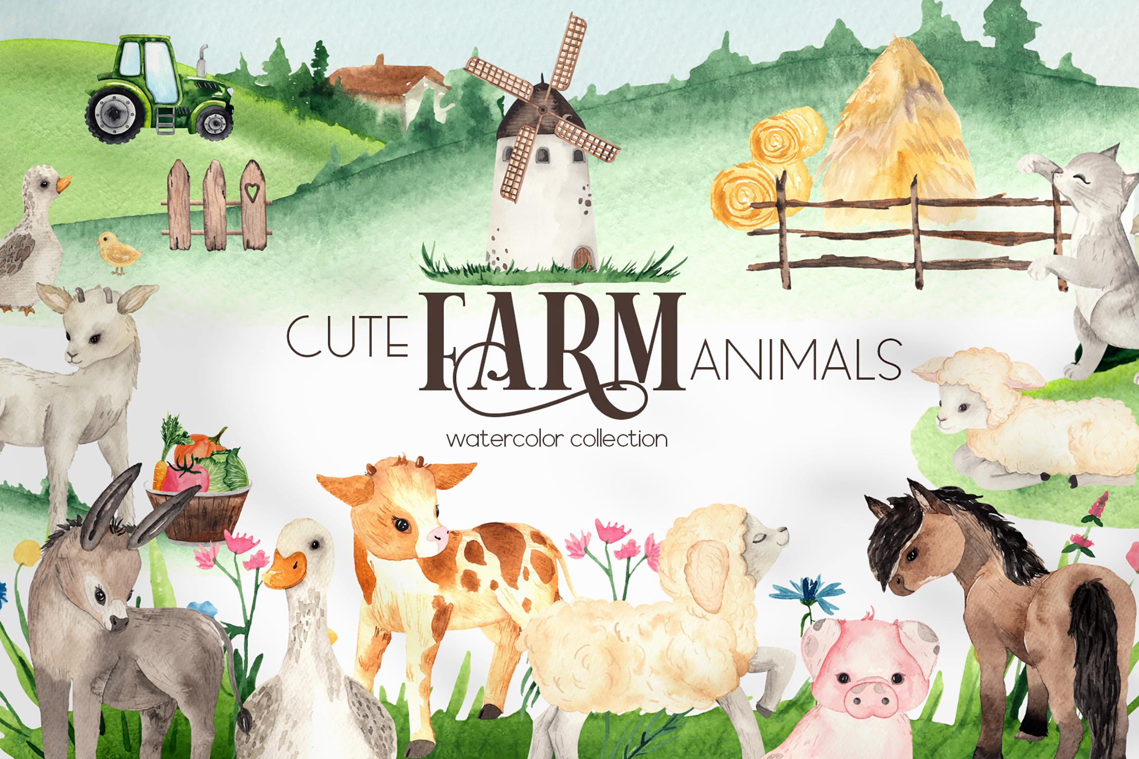Watercolor Farm Animals