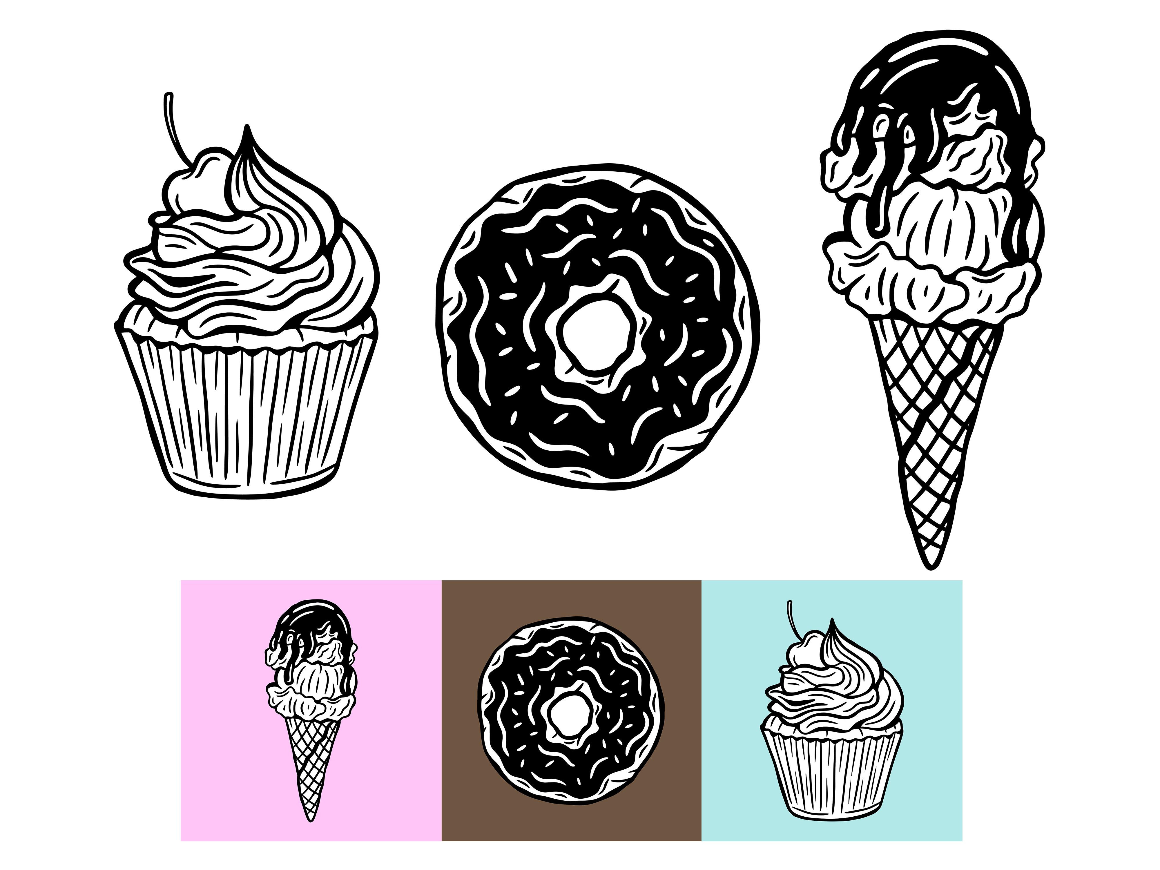 Set Line Art Food Cake Donuts Ice