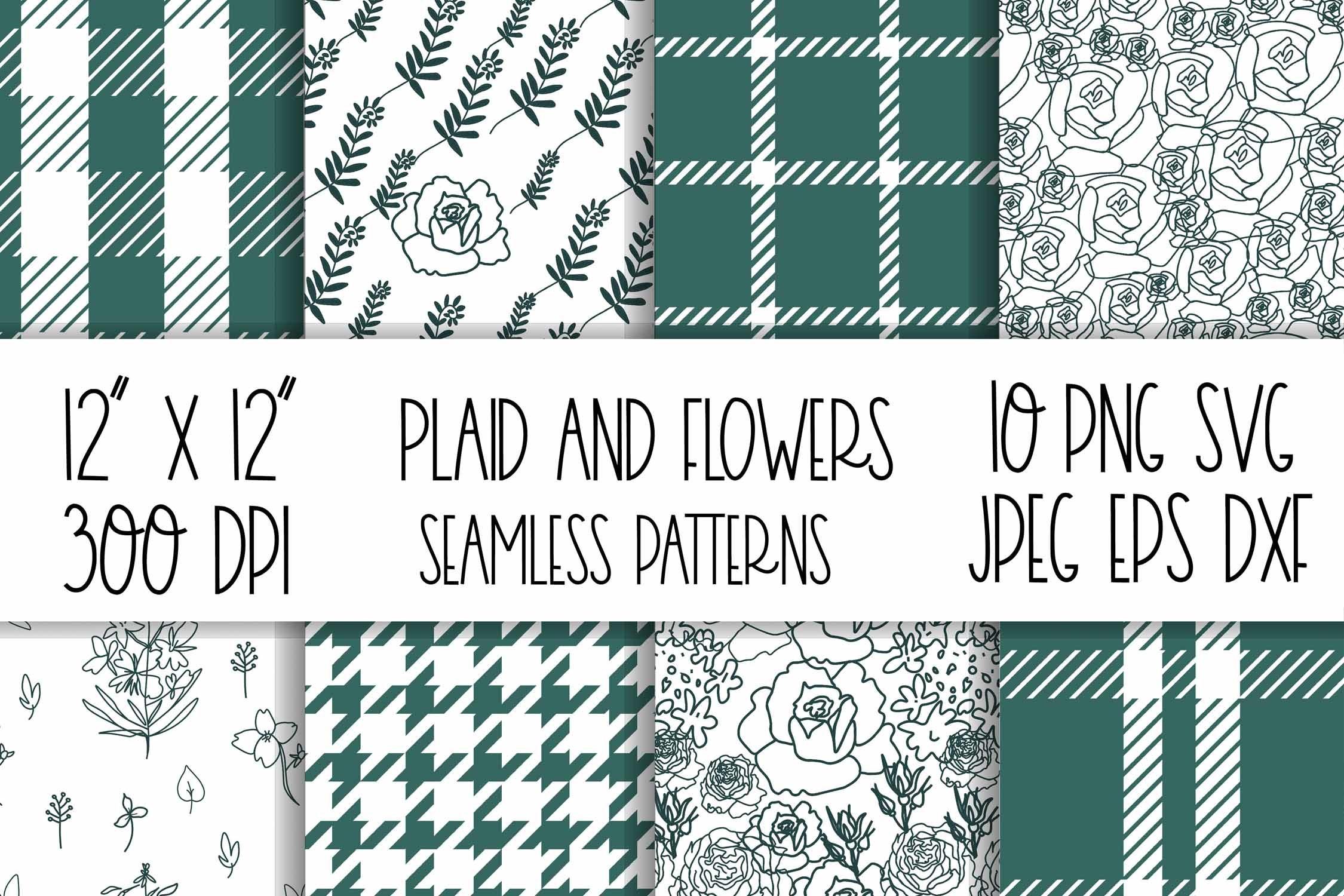 Green Floral Plaid Digital Paper.