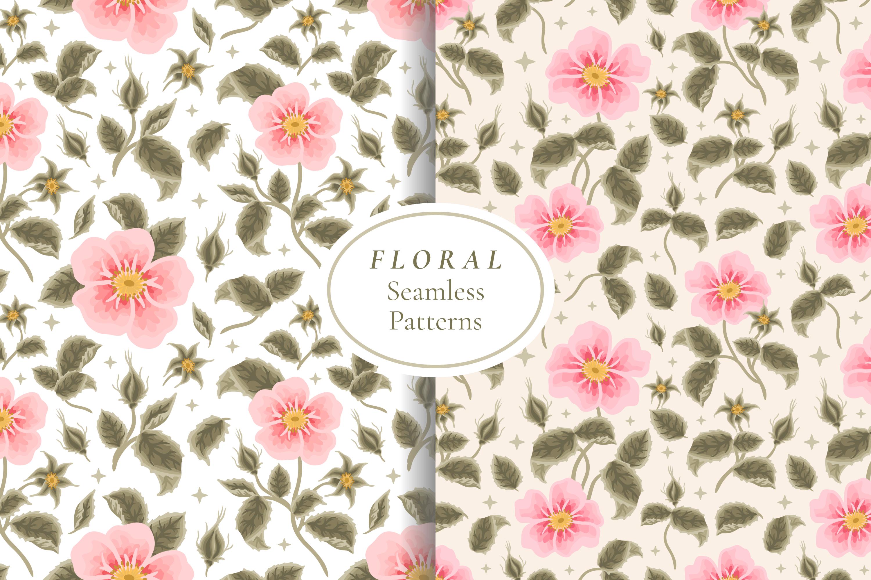 Rosa Canina Flower Seamless Pattern Set