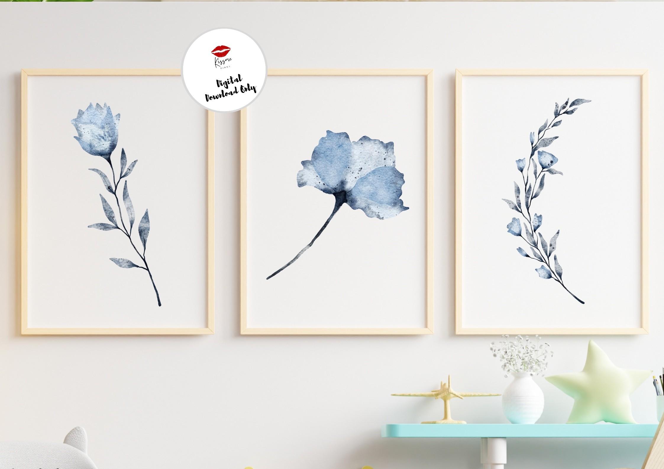 Watercolor Blue Botanical Print Set of 3