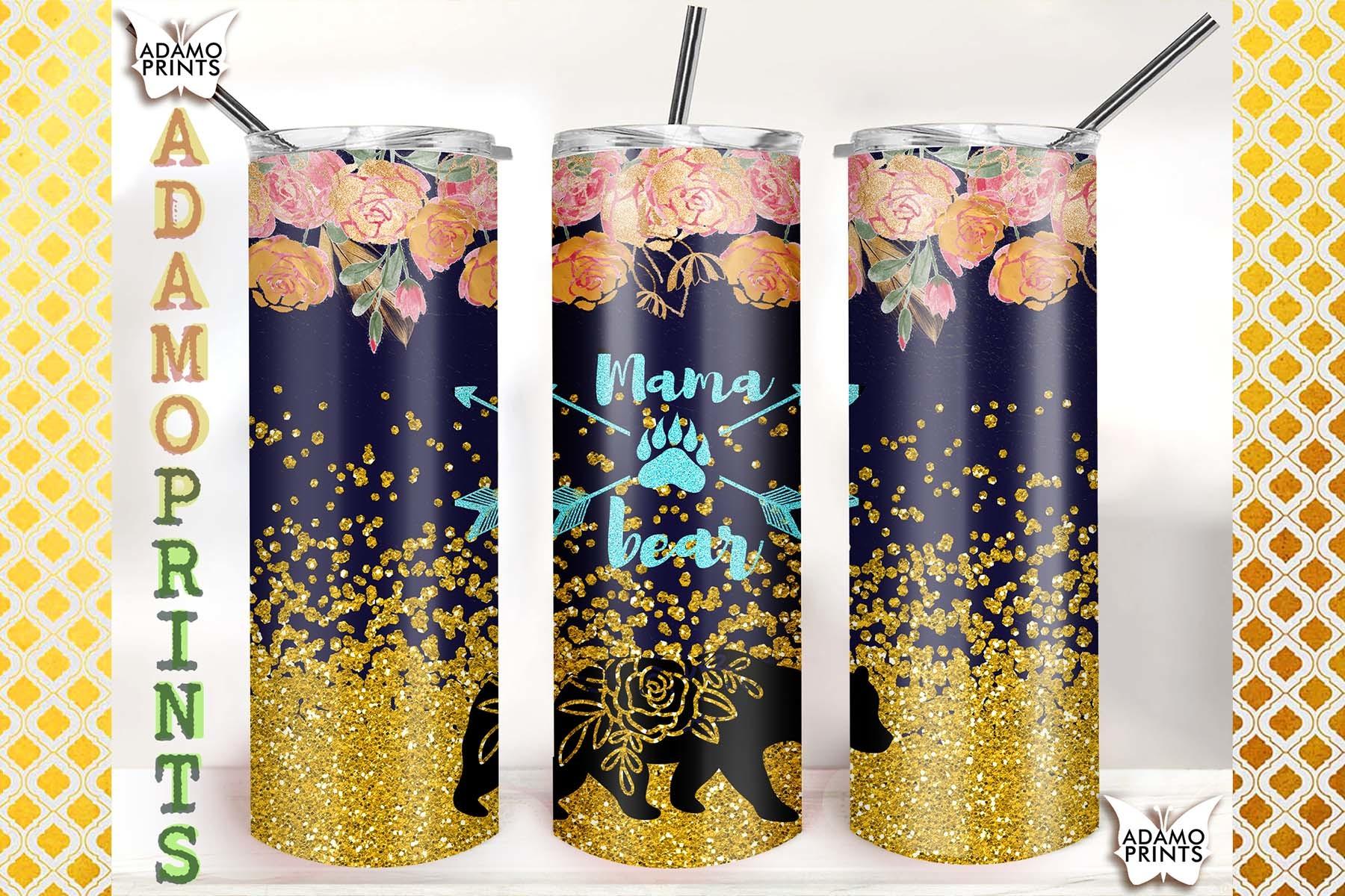 Mama Bear Gold Glitter Pink Floral 20oz