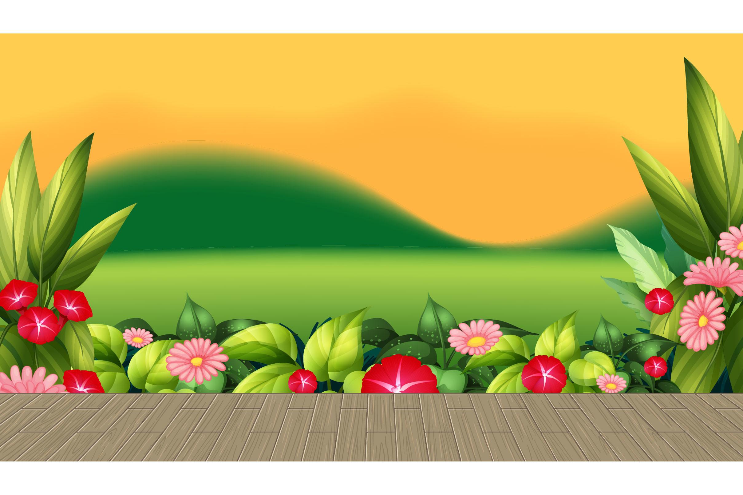 Flower-field-leaves-with-mountain-backdr