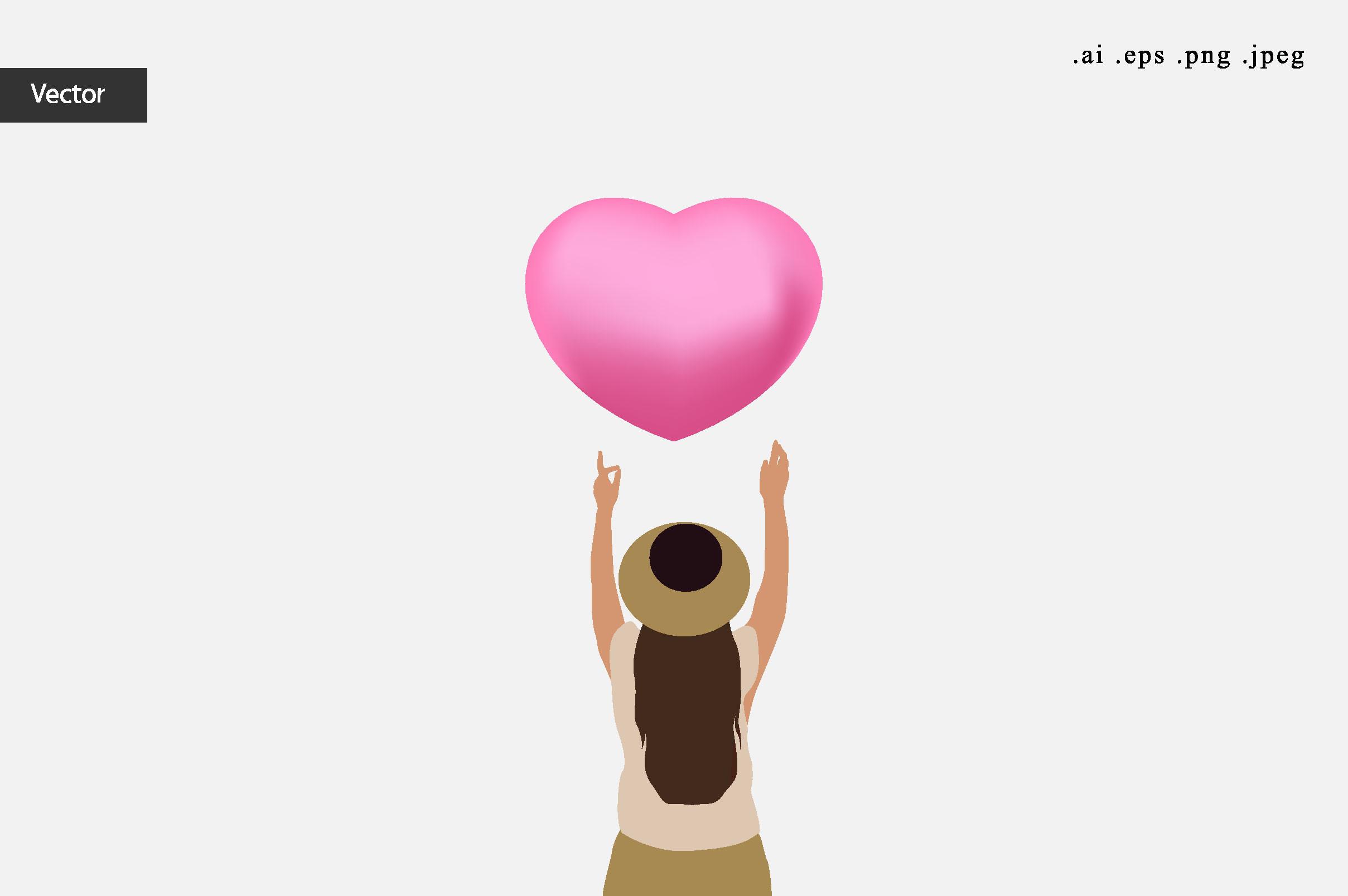 Woman Flying Away on a Heart Balloon