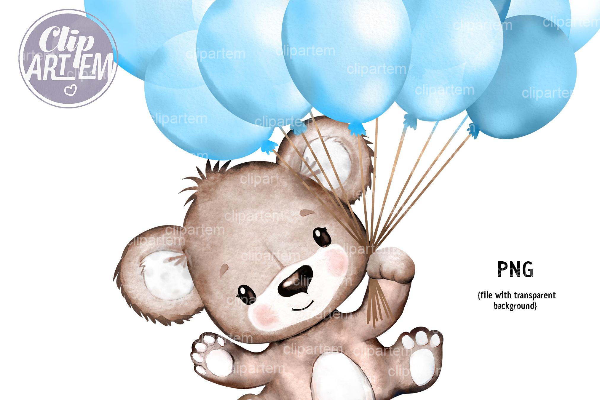 Blue Boy Bear with Balloons PNG Clip Art