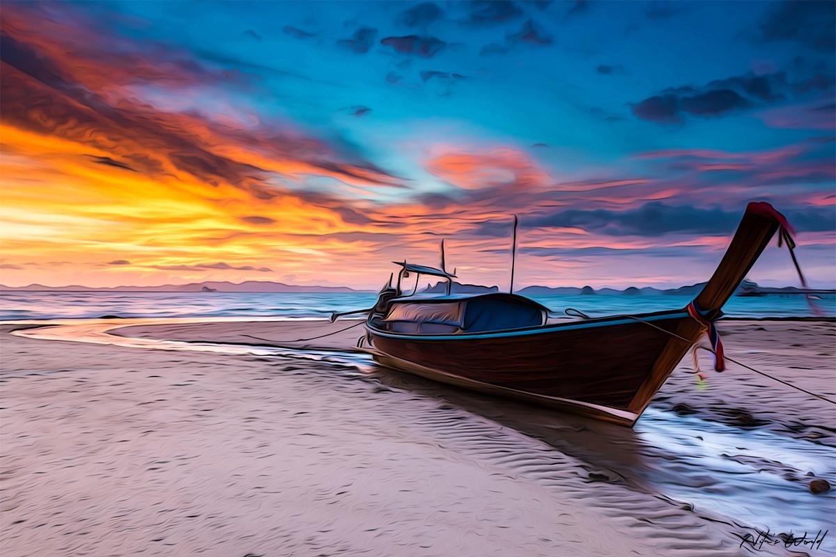 Watercolor Sunset Beach Boat Landscape
