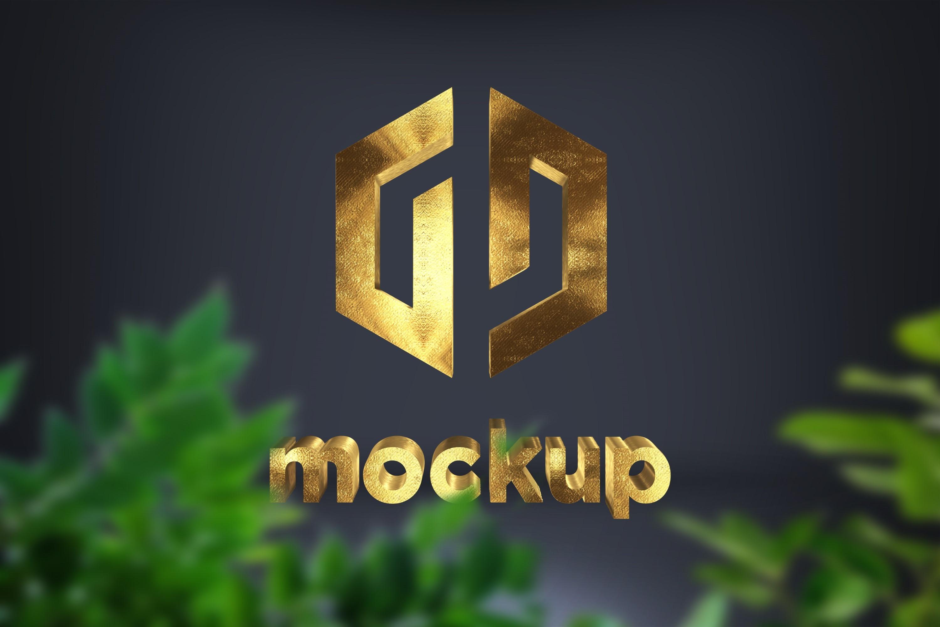 Brass Logo Mockup Behind the Green Leave