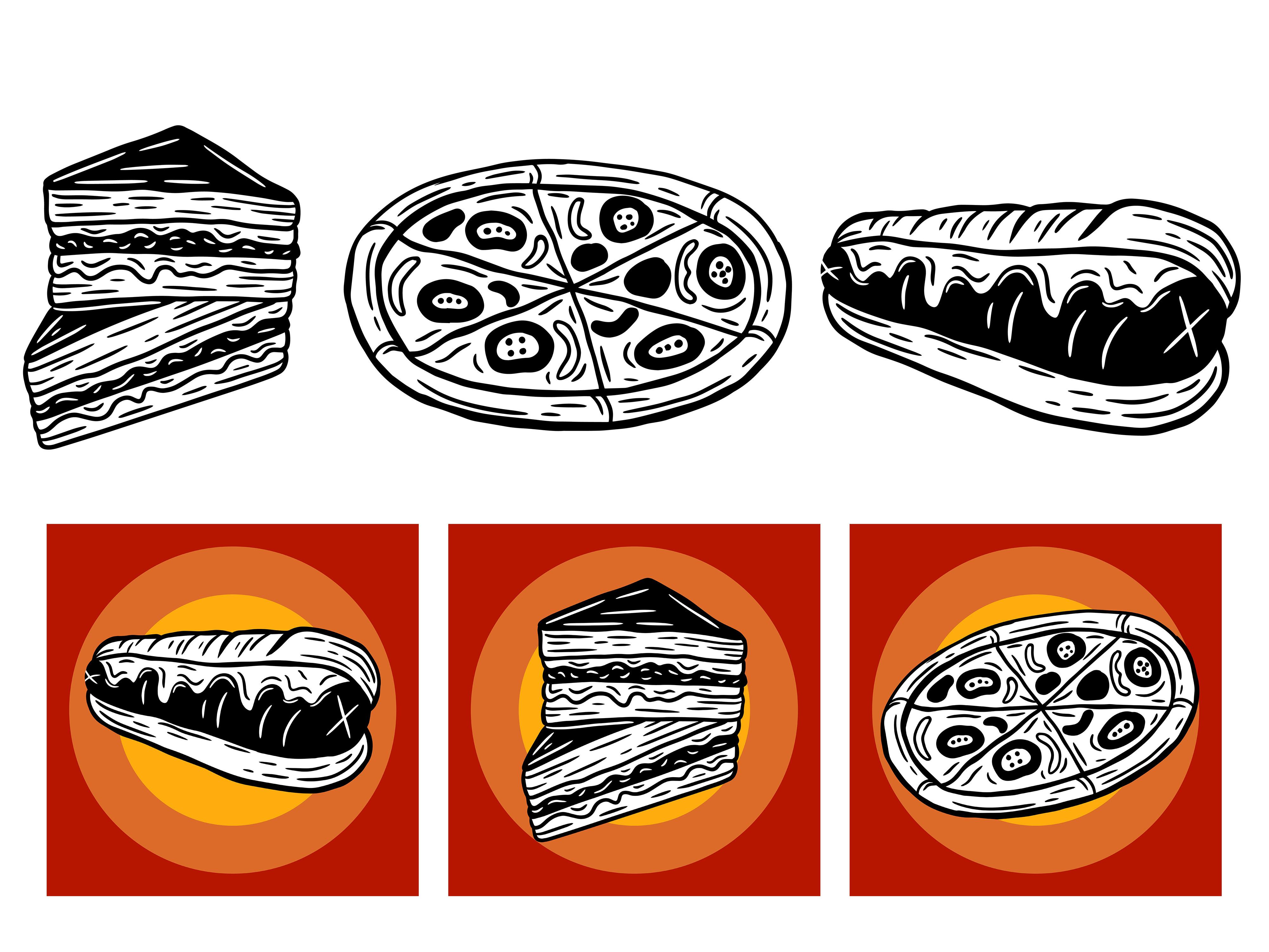 Set Line Art Food Pizza Hot Dog