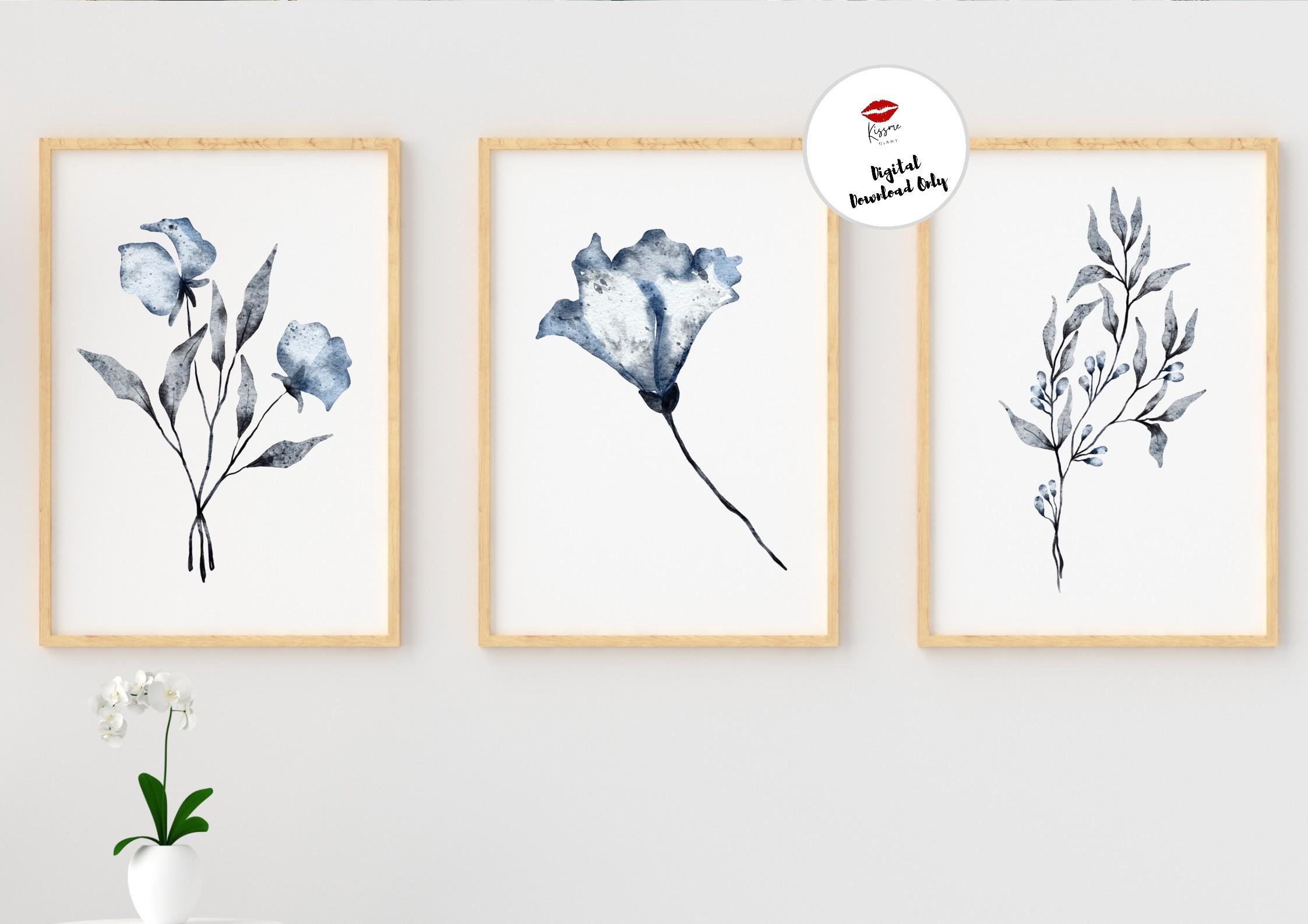 Watercolor Blue Botanical Print Set of 3