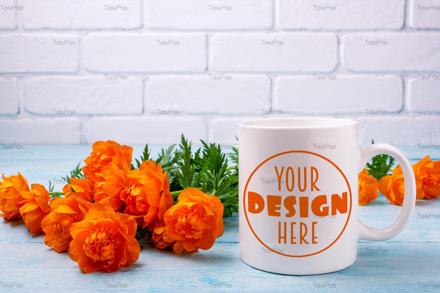 White Mug Mockup with Orange Globeflower