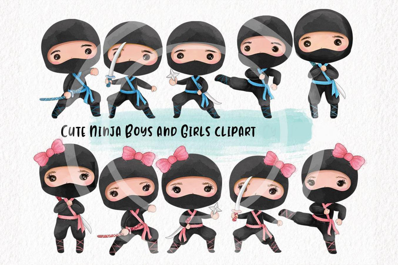 Cute Ninja Boys and Girls Clip Art