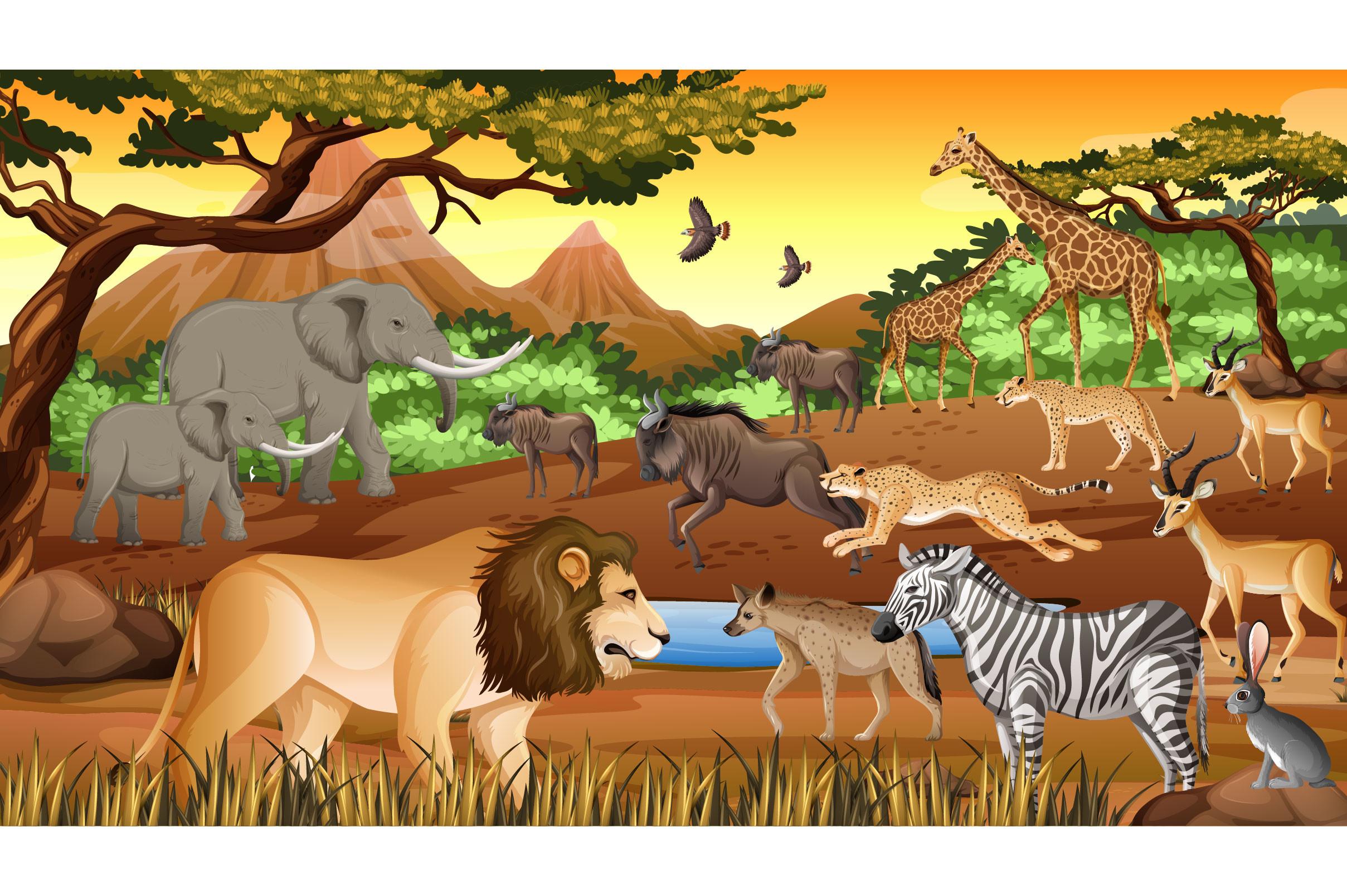 Group-wild-african-animal-forest-scene