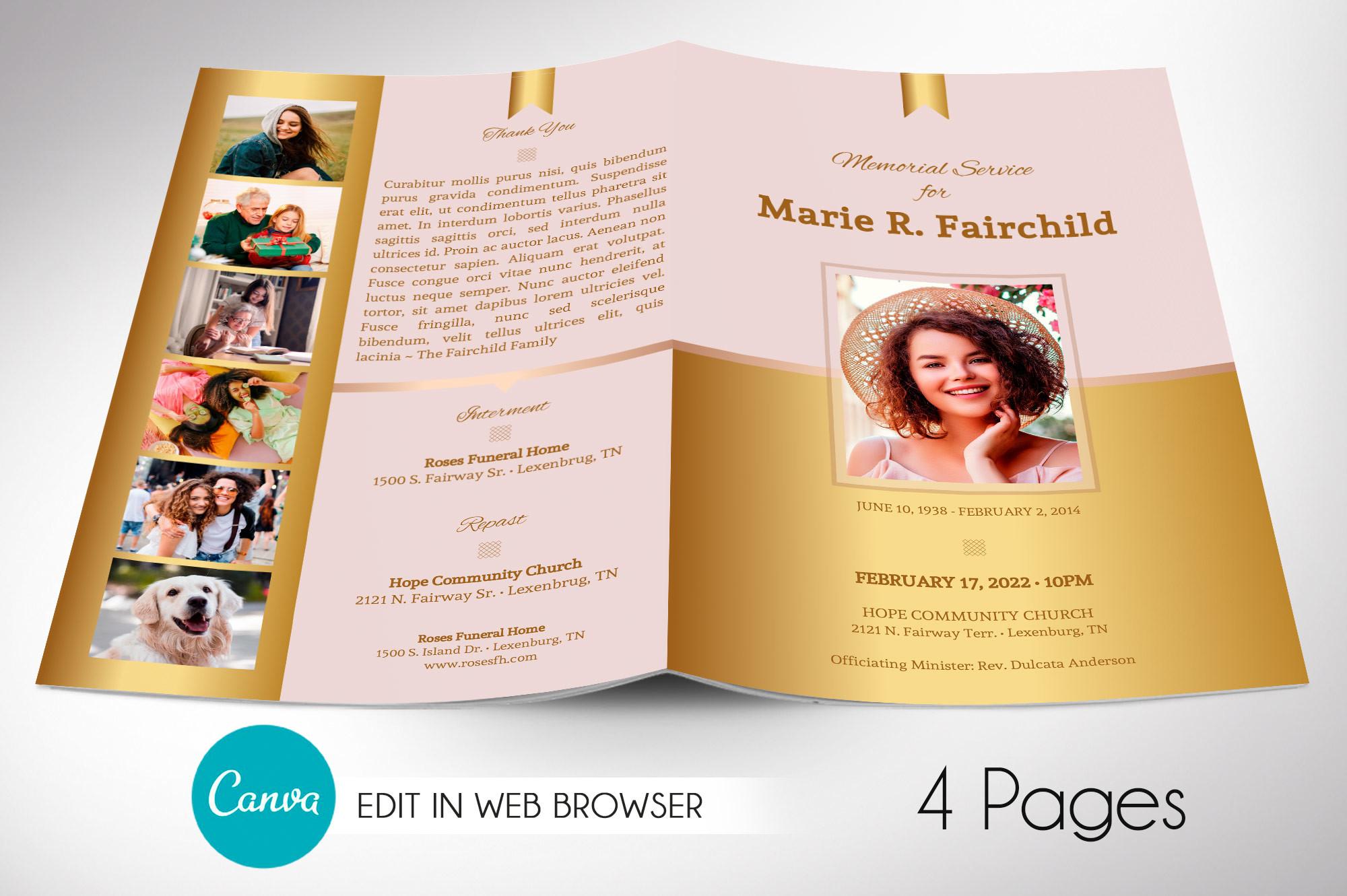 Golden Funeral Program Canva 4 Pages
