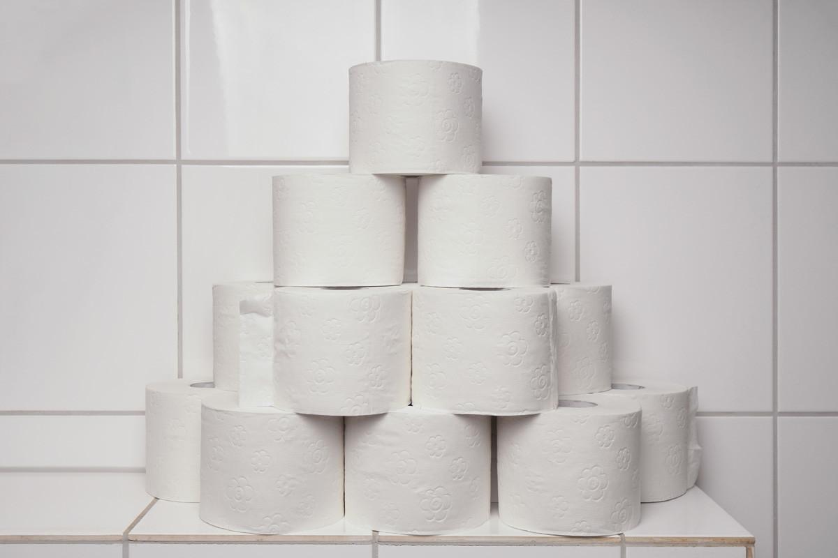 Many Rolls of Toilet Paper Stacked and Hoarded