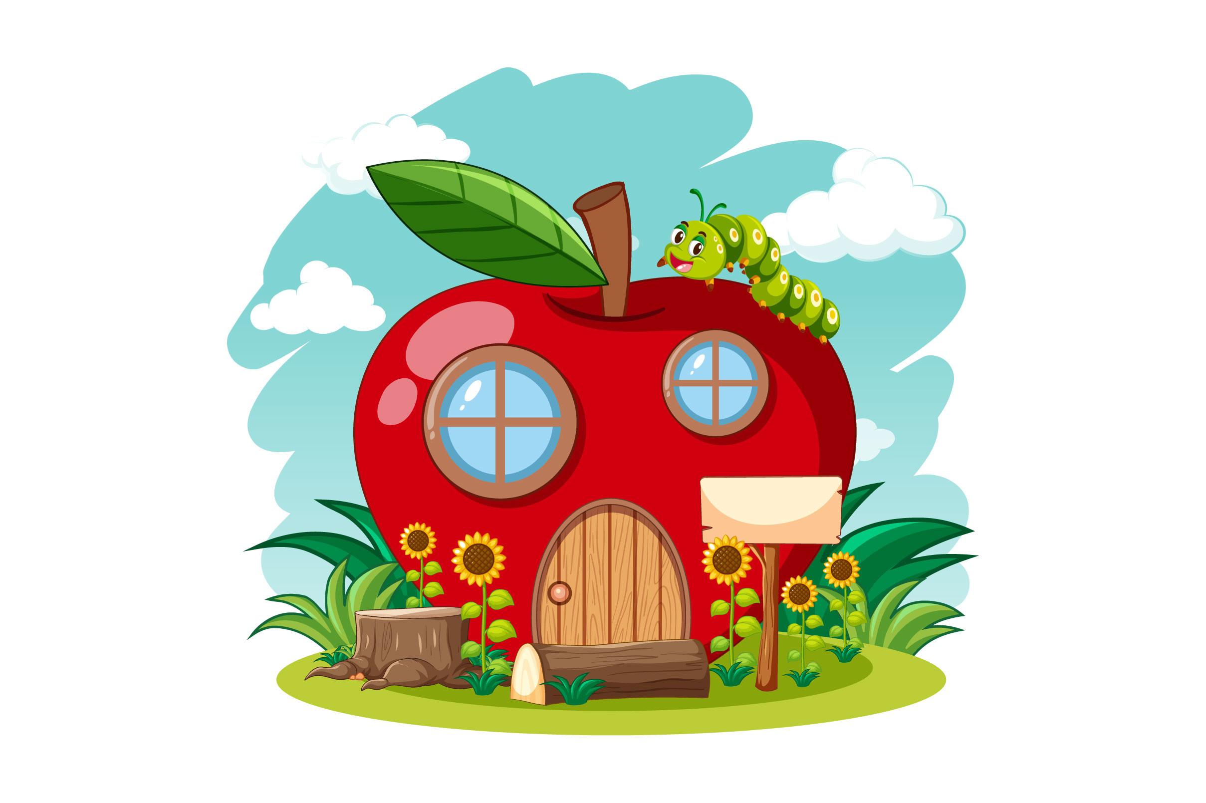 Red-apple-house-cute-worm-garden-cartoon