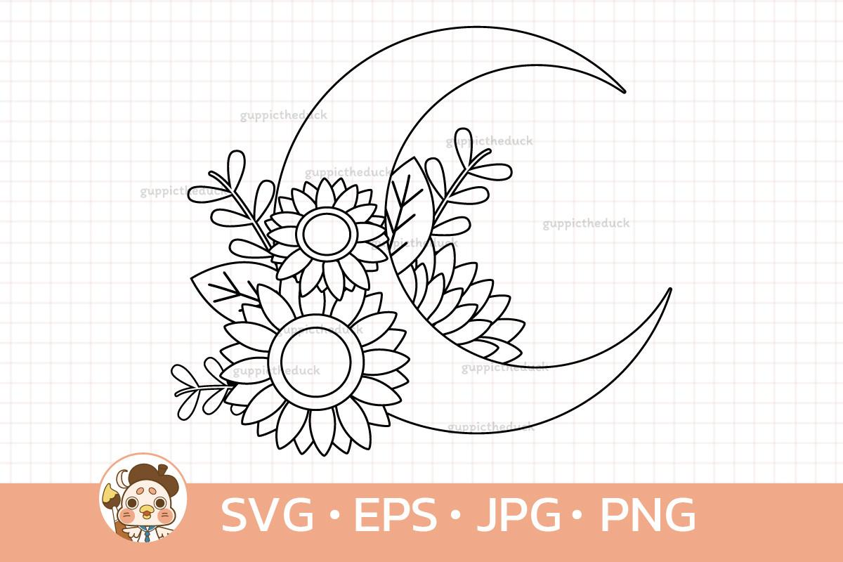 Moon and Sunflower Outline Style