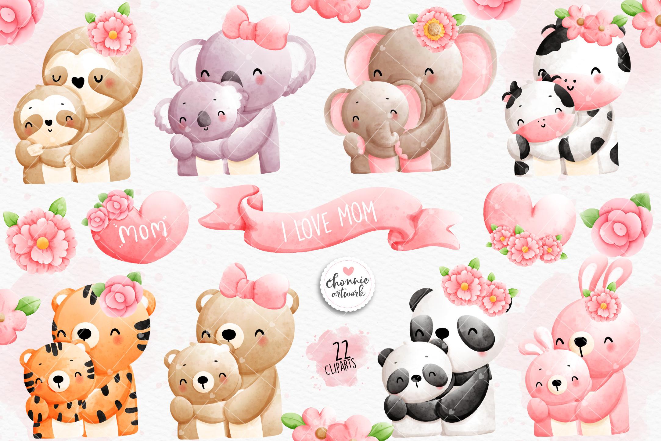 Animal Mom and Baby Clipart,mother's Day