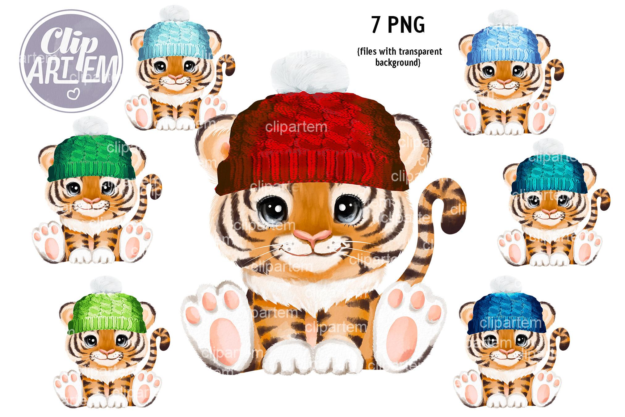 Cute Boy Tigers in Winter Hat 7 PNG Set