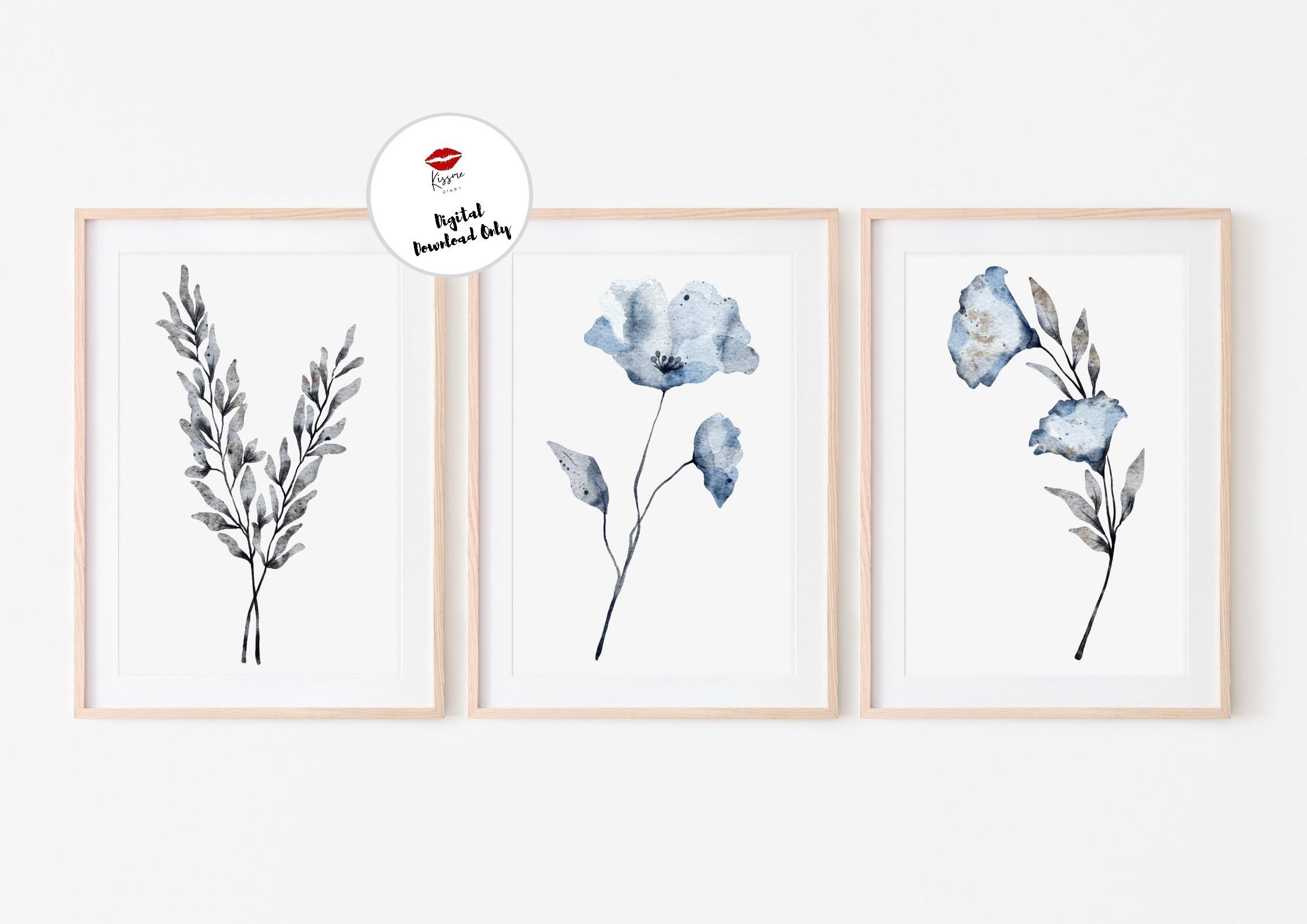 Watercolor Blue Botanical Print Set of 3