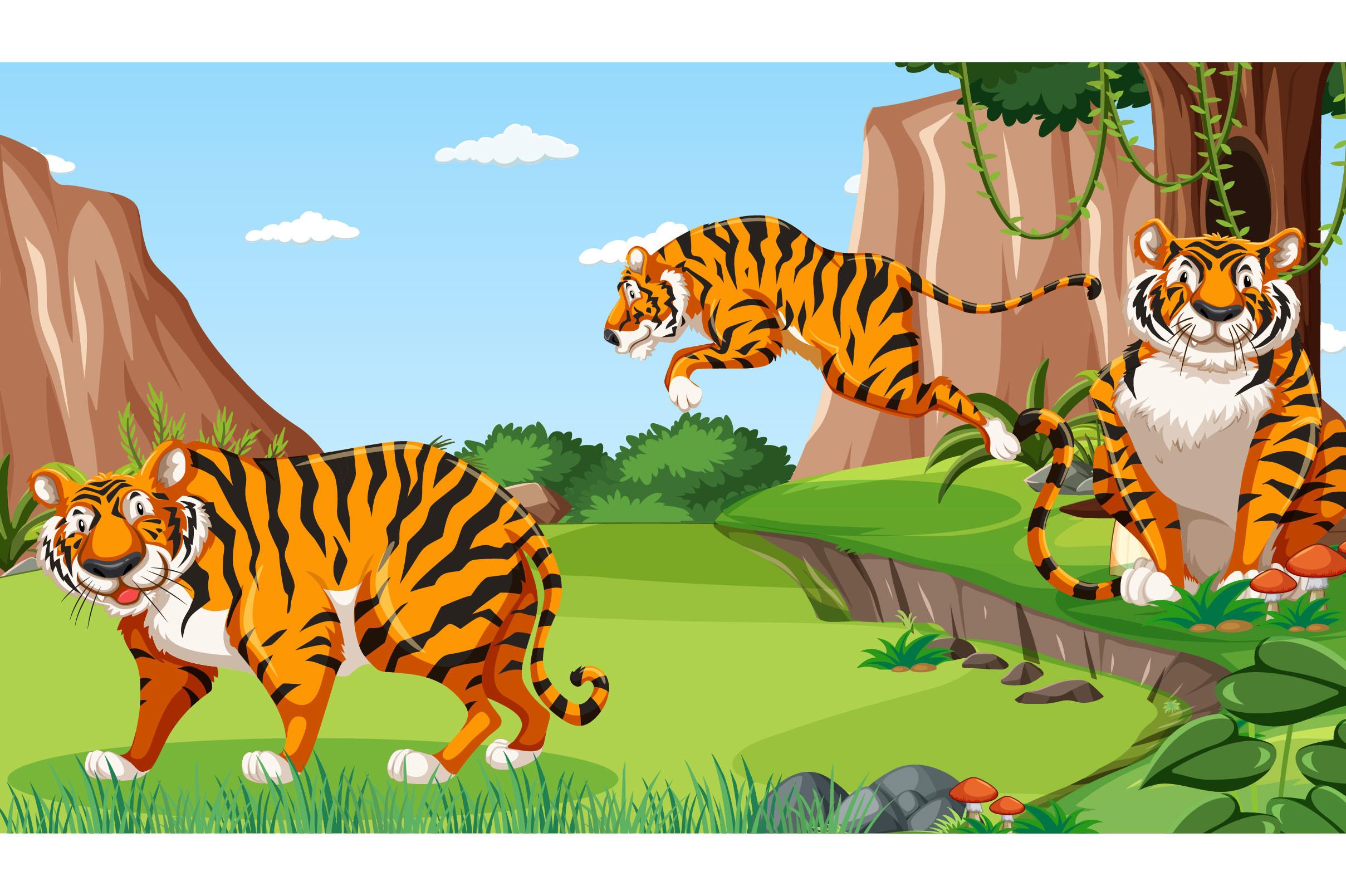 Forest-rainforest-scene-with-tiger-famil