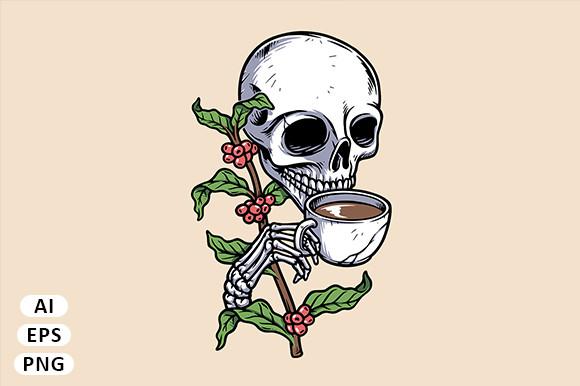 Skull Drinking Coffee and Coffee Tree