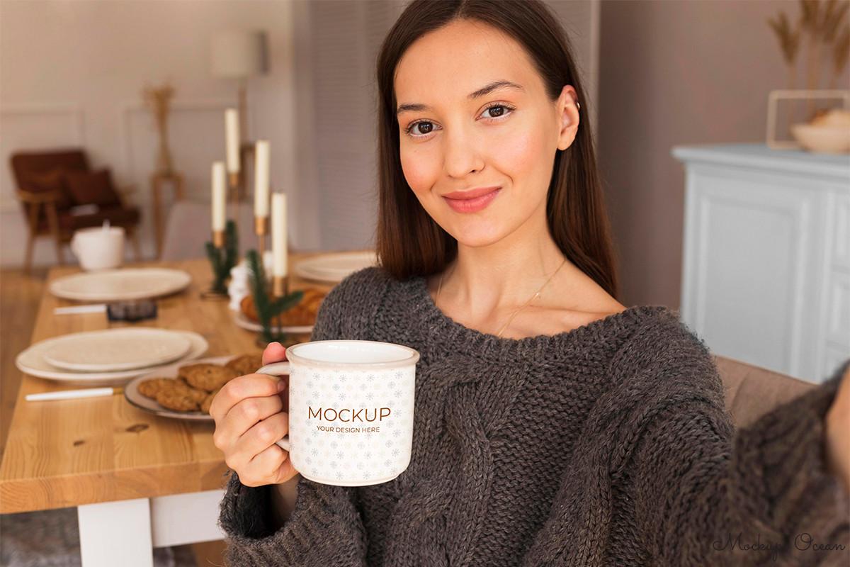 Women with White Mug Mockup