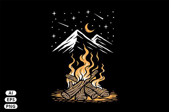 Bonfire on the Mountain at Night