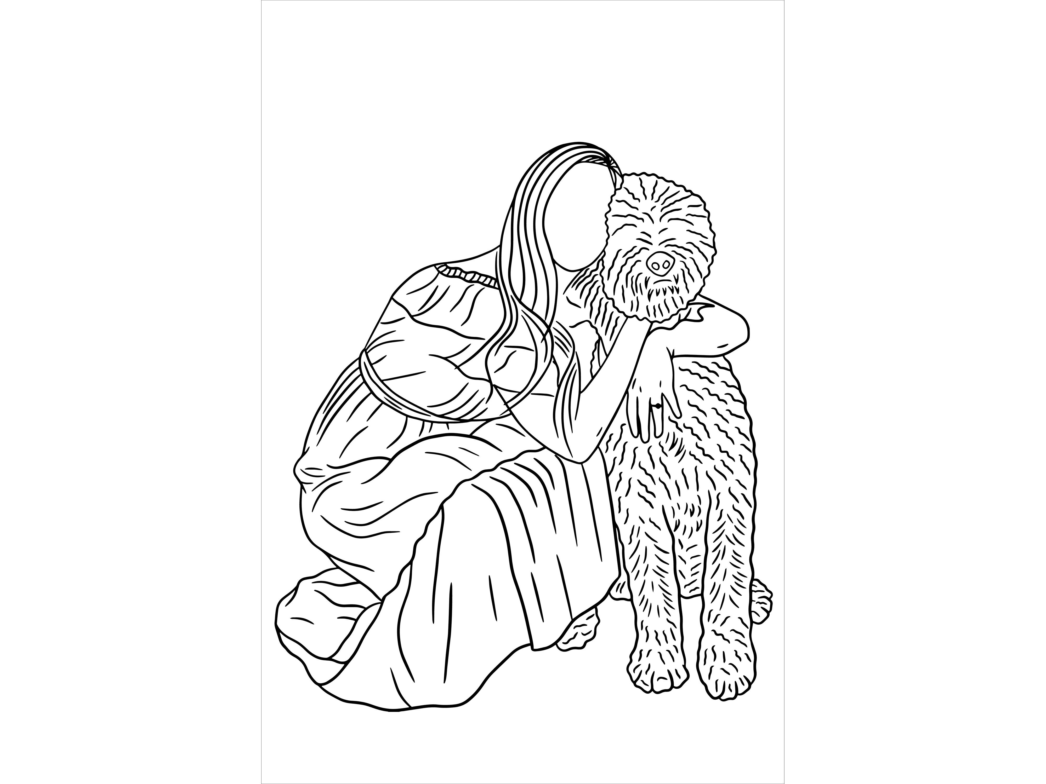 Set Line Art Woman with Pet Dog