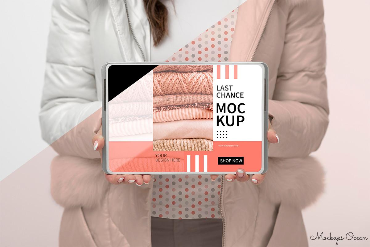 Model Holding Tablet Mockup