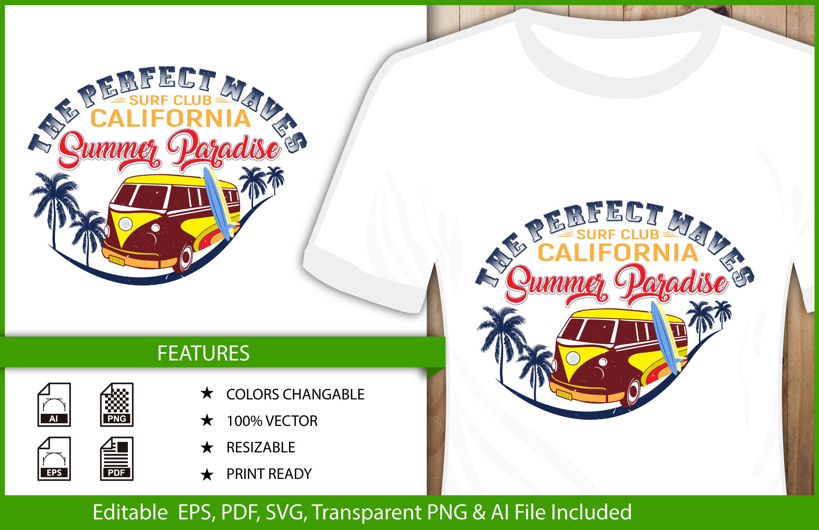 Summer T-shirt Design Surfing Car Vector