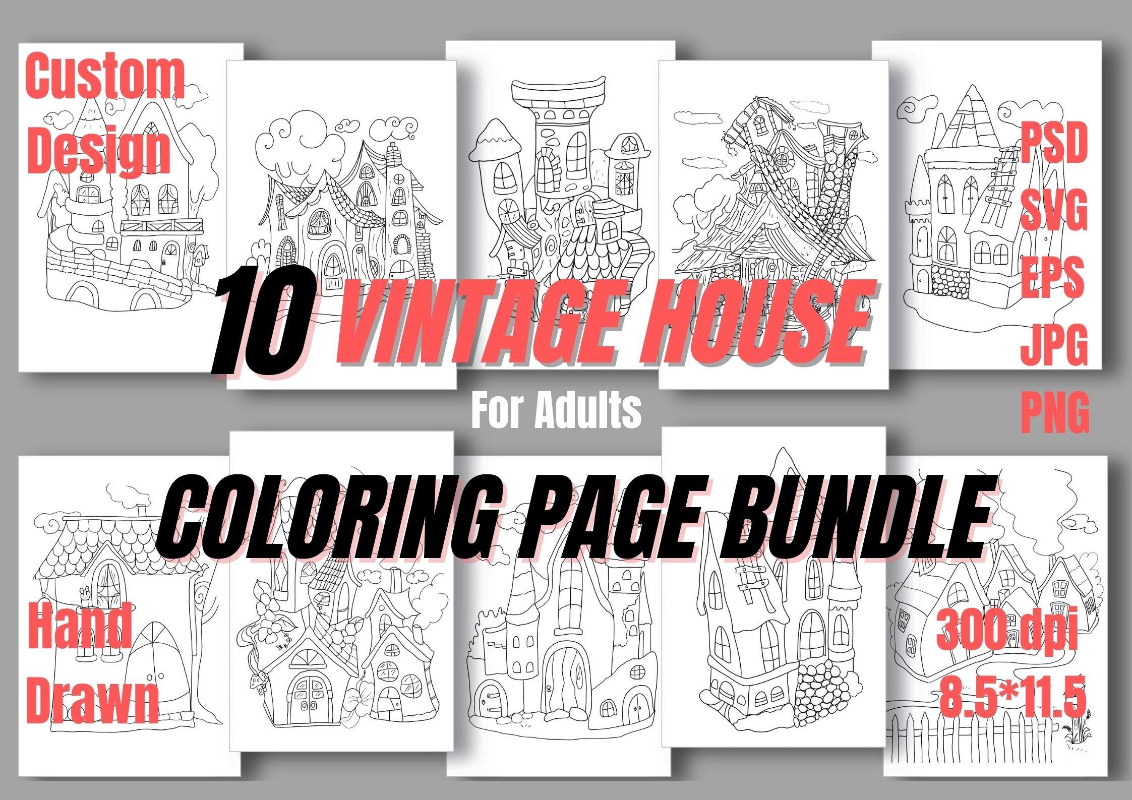 VINTAGE HOUSE COLORING PAGE BUNDLE